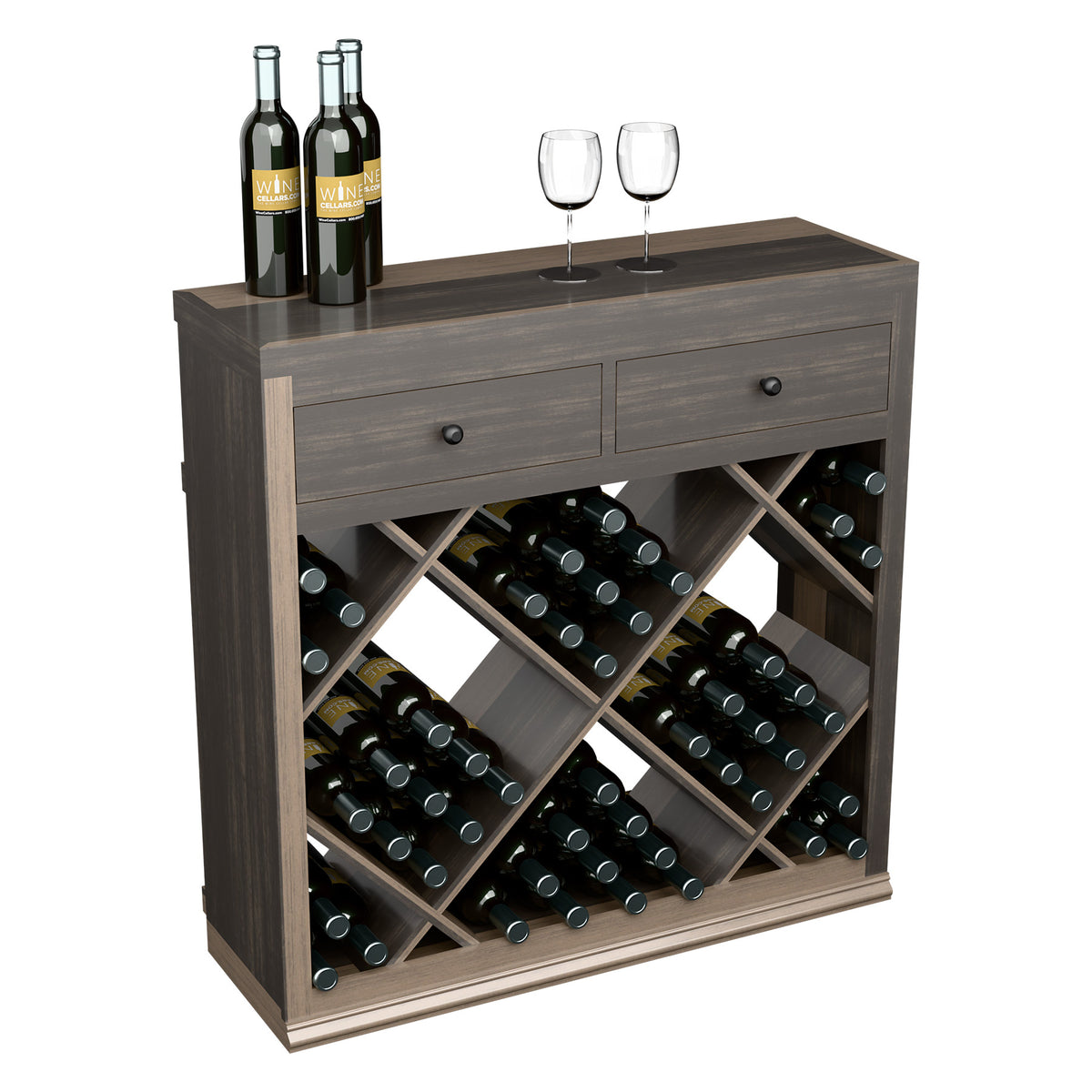 Half-height wine bar cabinet with two drawers and diamond crisscross wine racks, dark wood.