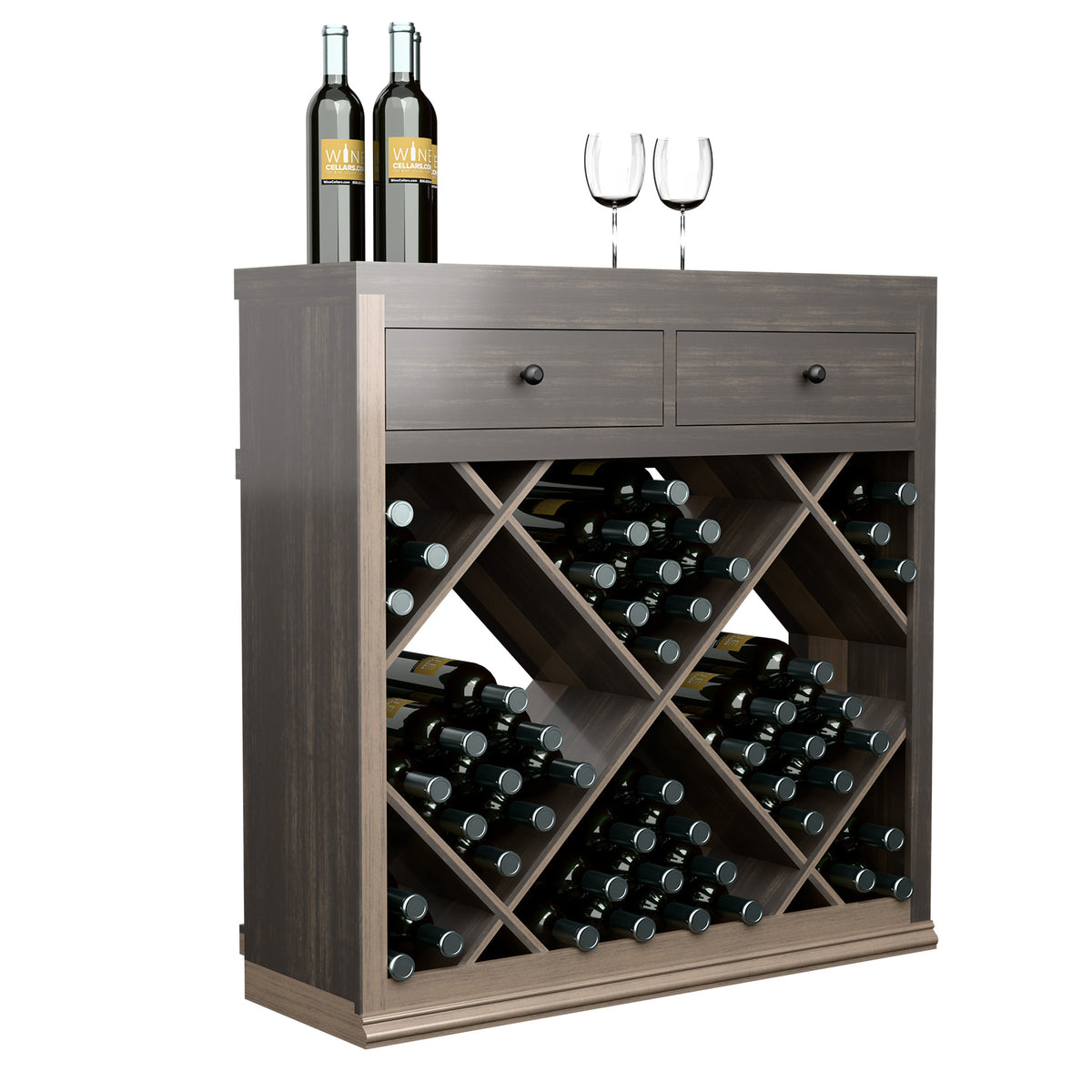 Half-height wine bar cabinet with two drawers and diamond crisscross wine racks, dark gray wood.