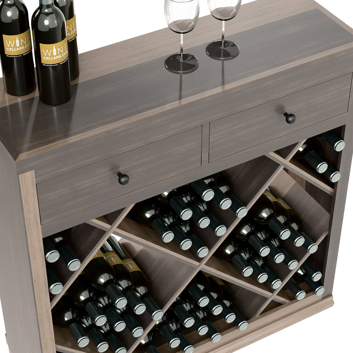 Half-height wine cabinet in grey wood with drawers and crisscross bottle slots