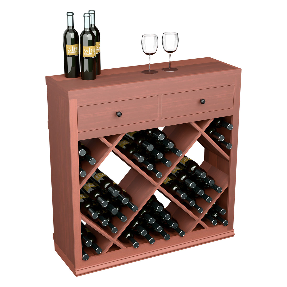 Half-height diamond wine cabinet with two drawers and open bottle storage, reddish wood