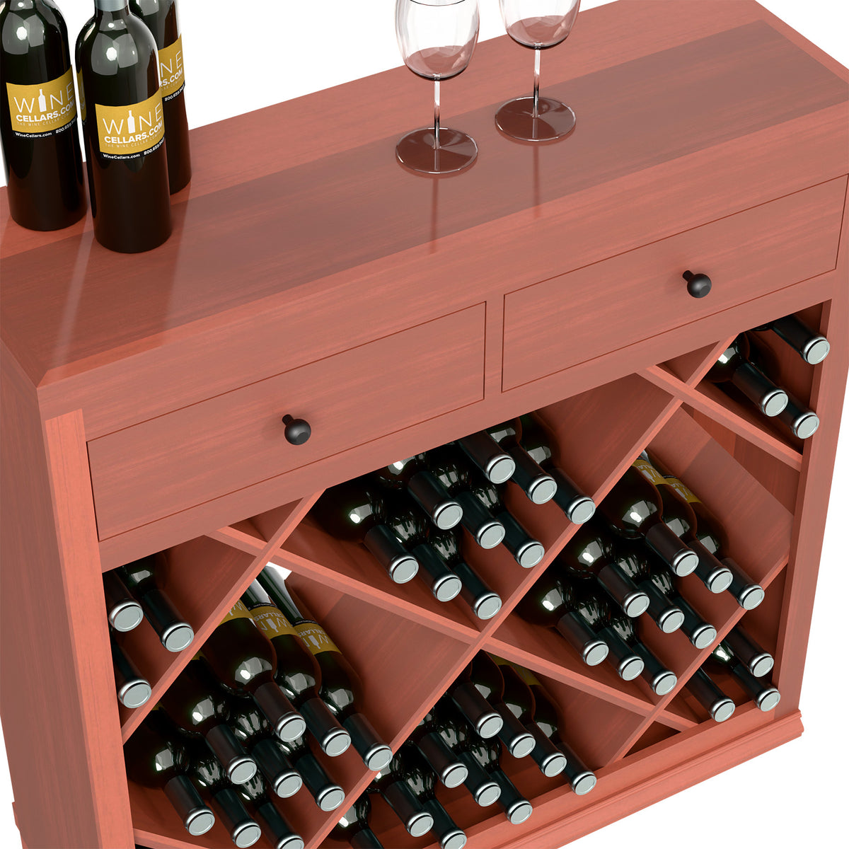 Half-height wood wine cabinet with open bottle storage and drawer fronts with black knobs