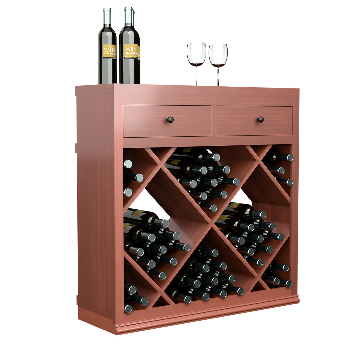 Half-height wine bar cabinet with two drawers and diamond crisscross wine racks, reddish wood.