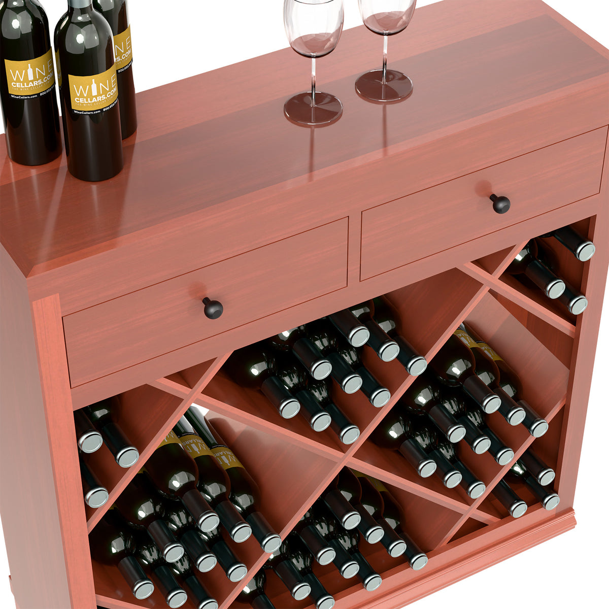 Wood half-height wine bin with drawers and crisscross bottle racks filled