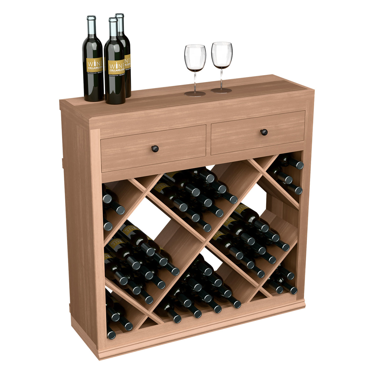 Half-height wine bar cabinet with two drawers and diamond crisscross wine racks, light pine.