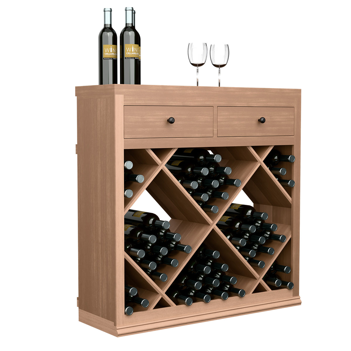 Half-height diamond wine cabinet with two drawers, open diagonal bottle racks, light wood
