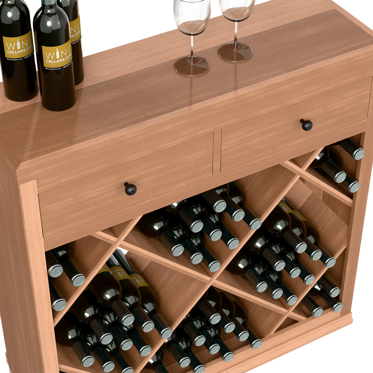 Light wood half-height wine cabinet with drawer fronts and diagonal bottle racks