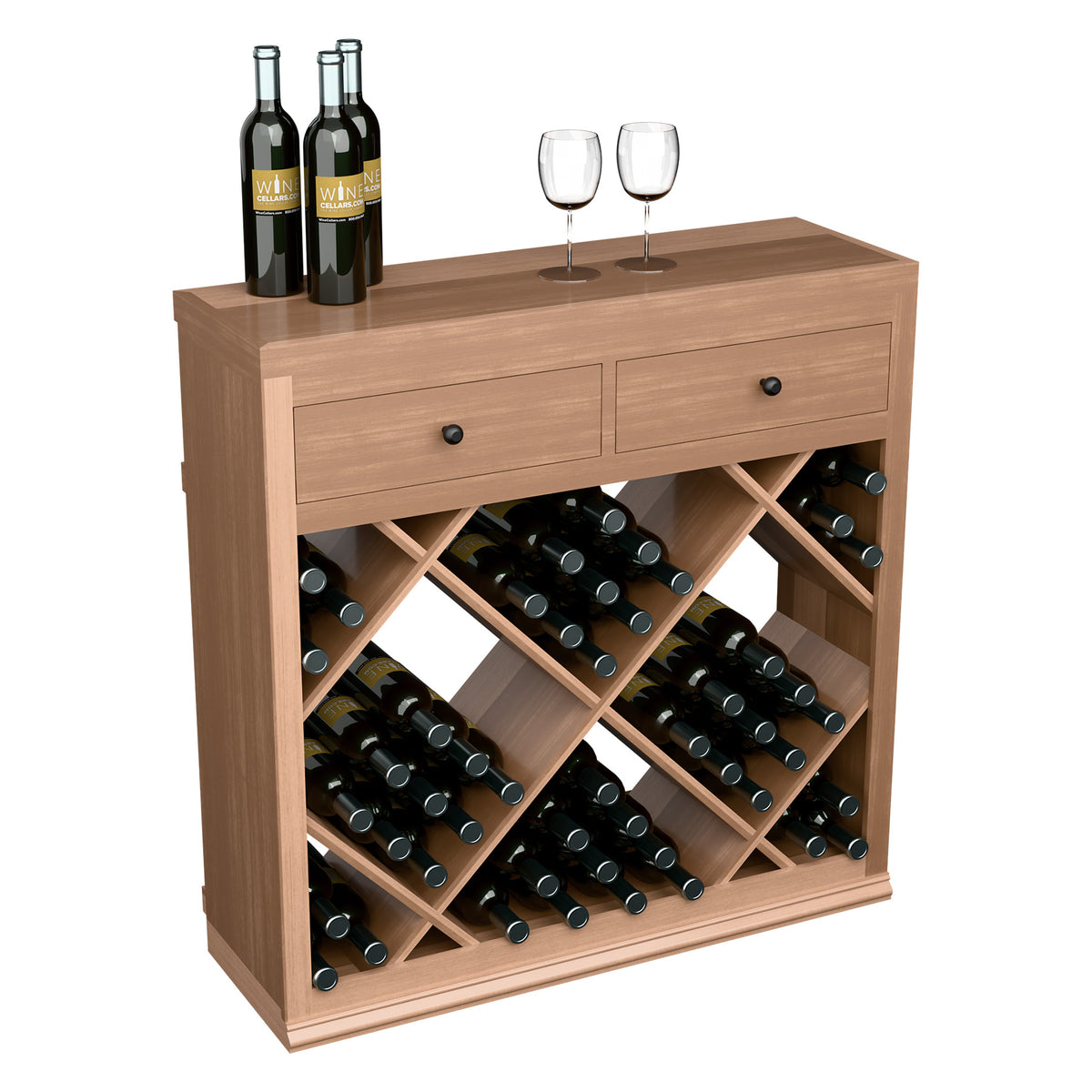 Half-height diamond wine cabinet with two drawers and open bottle storage, warm light wood