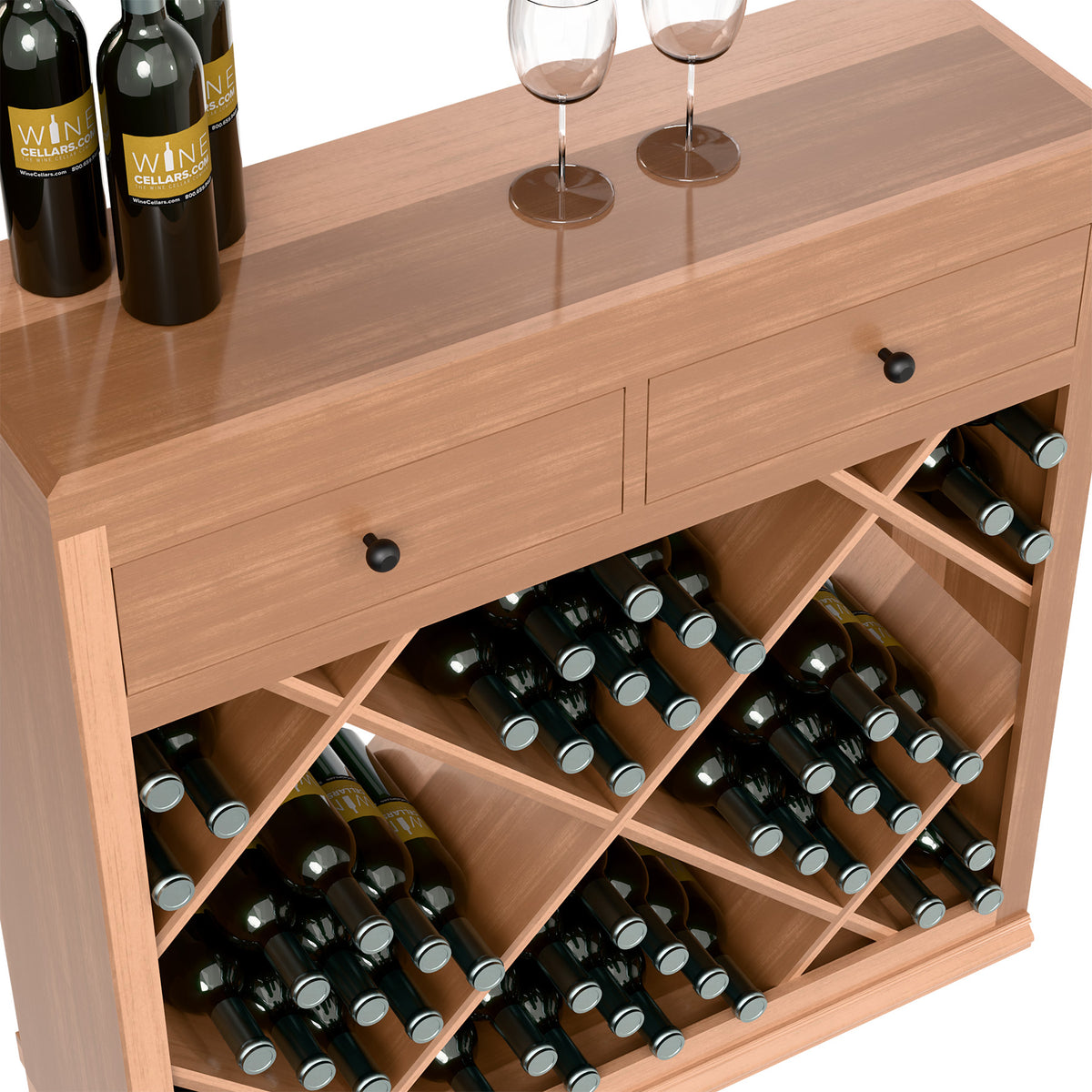 Wood wine storage unit with drawers and diamond racks holding bottles