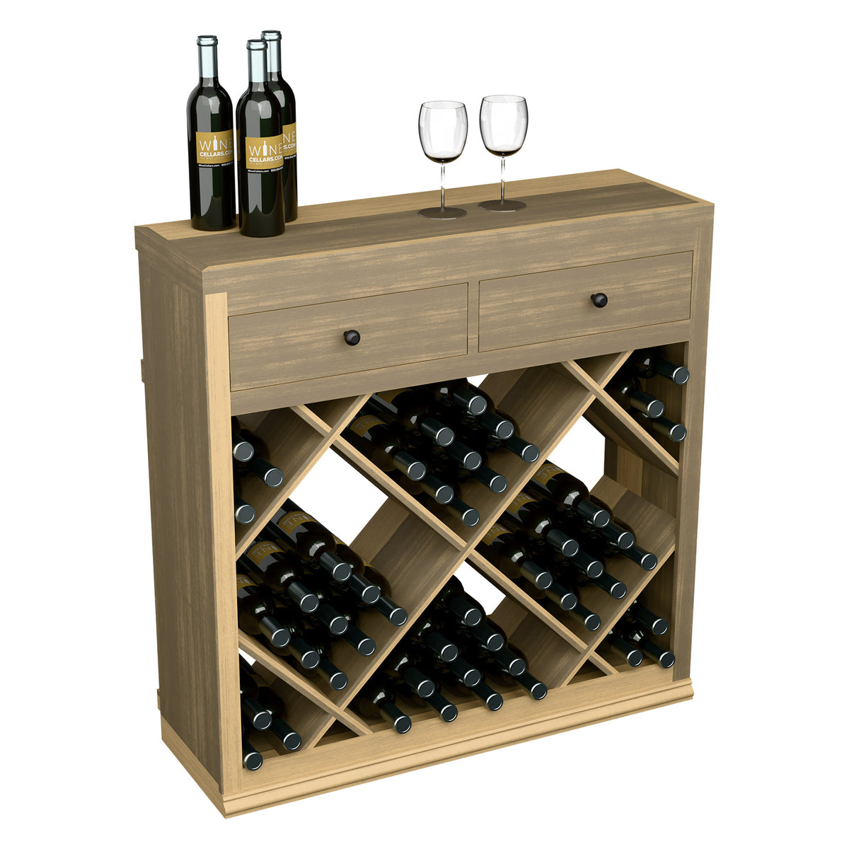 Half-height wine cabinet with drawers and open bottle rack, tabletop display with two wine bottles