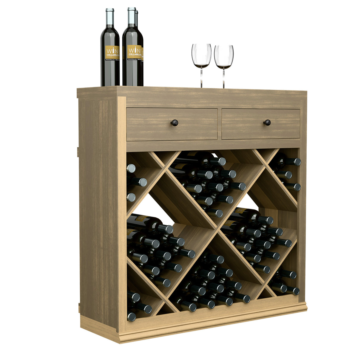 Half-height diamond wine cabinet with two drawers, open bottle cubbies, pale wood finish