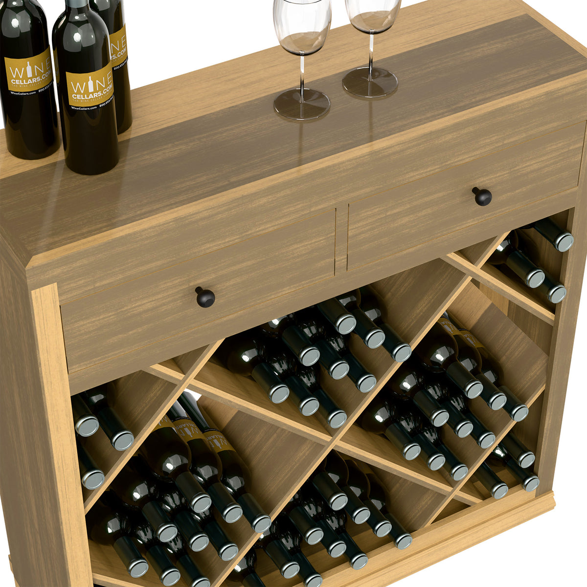 Grey wood half-height wine cabinet with drawers and diamond bottle storage
