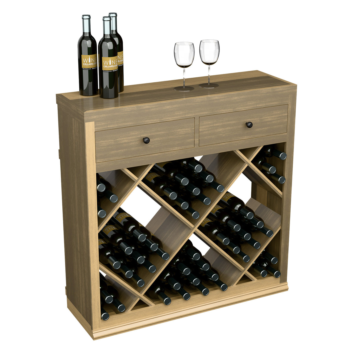Grey-stained half-height wine cabinet with drawers, diamond cubby bottle storage
