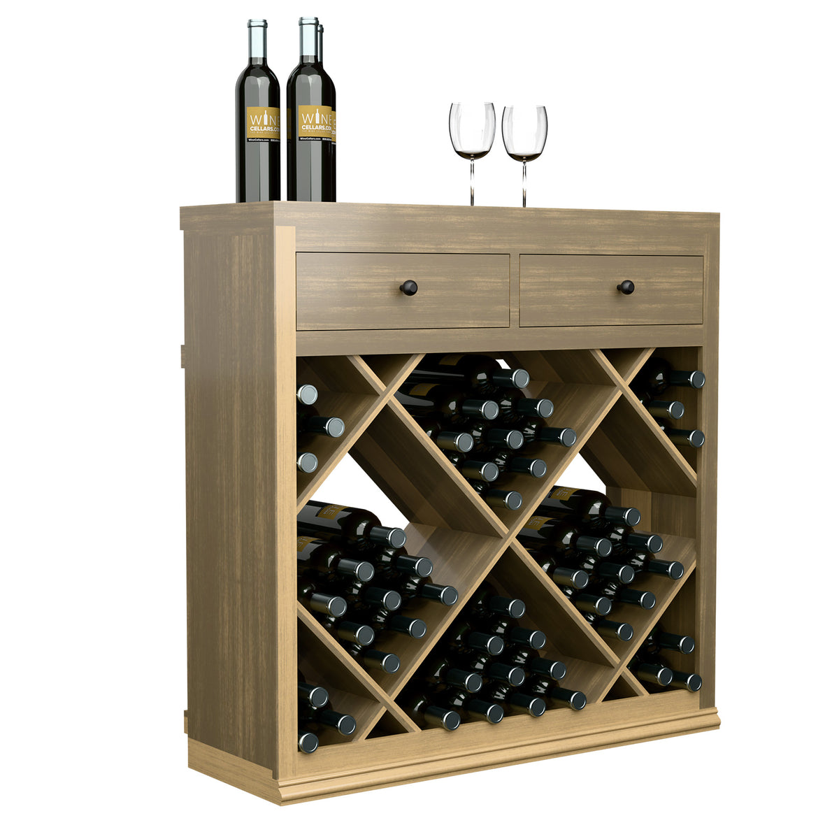 Half-height wine bar cabinet with two drawers and diamond crisscross wine racks, light wood.