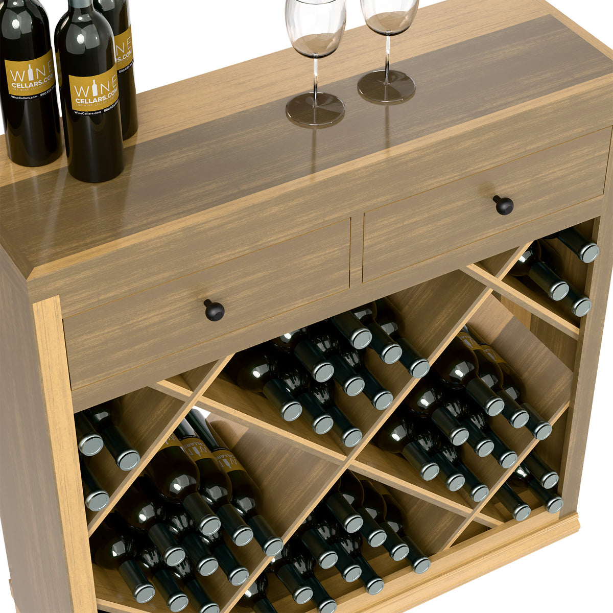 Half-height wood wine cabinet with drawers and open bottle storage with crisscross slots