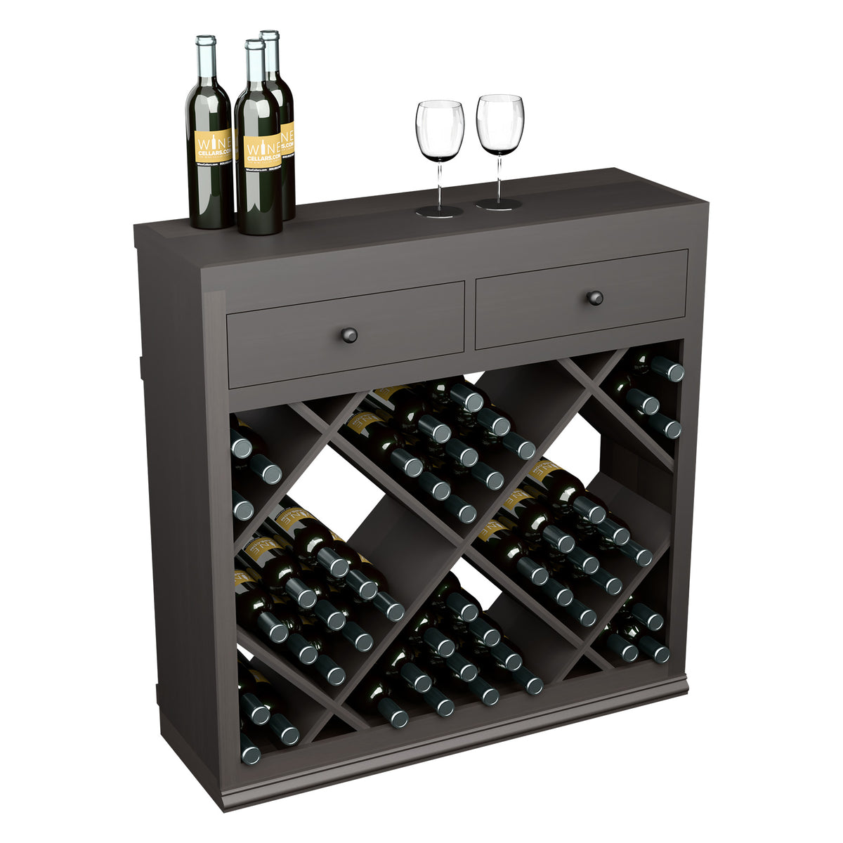 Half-height wine cabinet with 2 drawers and diamond bottle rack, dark wood finish.