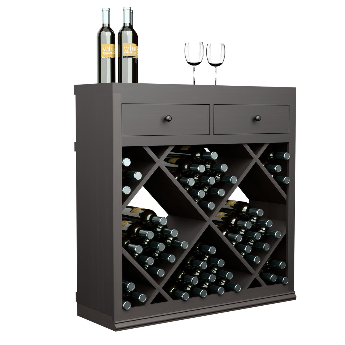 Half-height wine cabinet with 2 drawers and diamond-pattern bottle storage, dark wood finish.