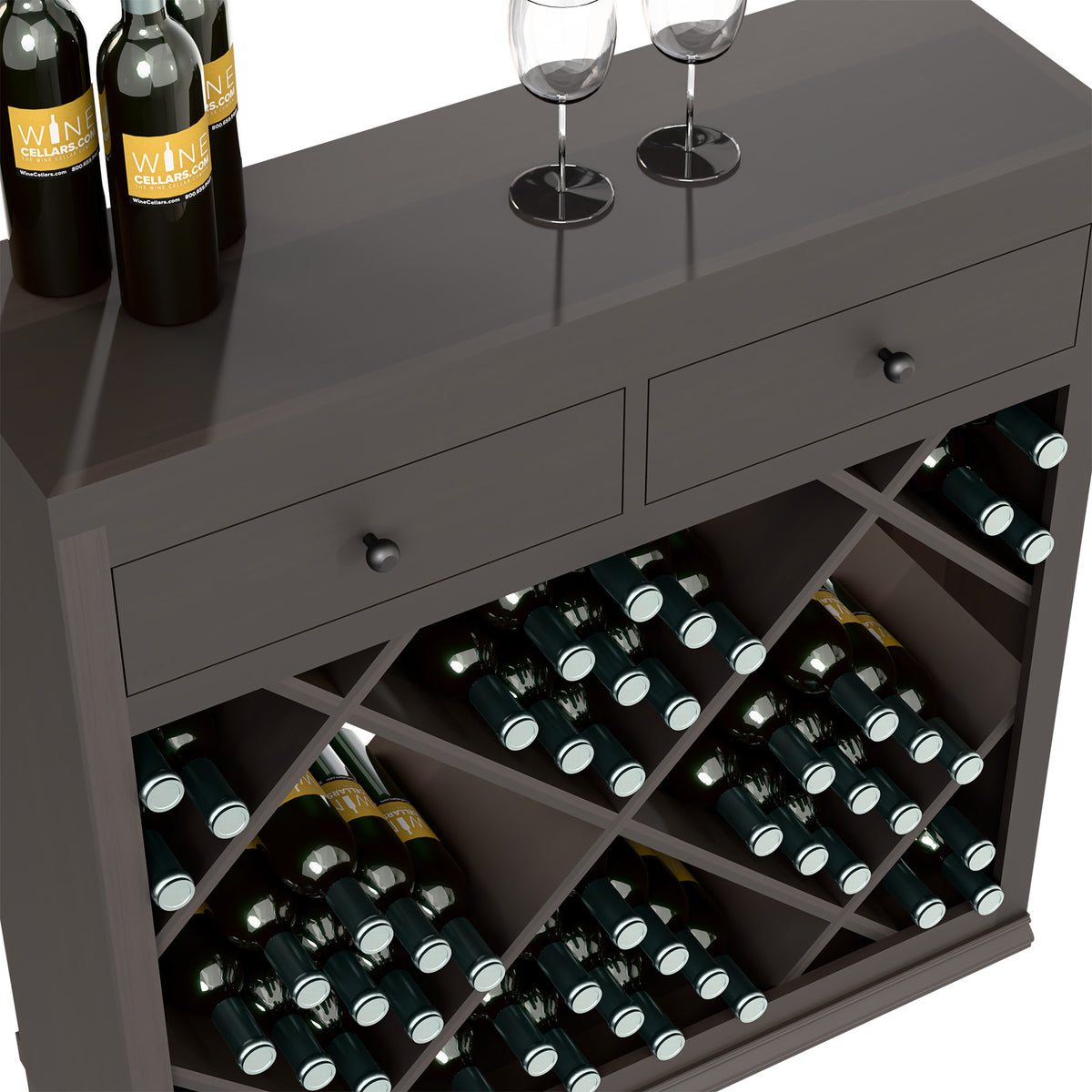 Close-up of wine bar cabinet drawer fronts and diamond crisscross wine rack, dark gray.