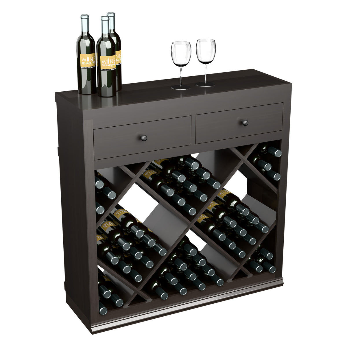 Half-height wine cabinet with 2 drawers and diamond bottle rack, dark wood finish.