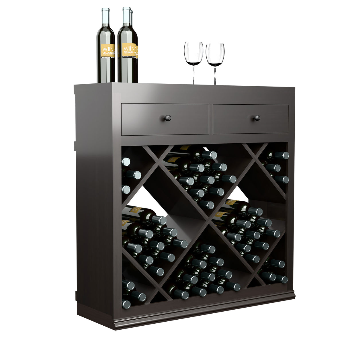 Half-height wine cabinet with 2 drawers, diamond-pattern bottle storage, dark wood finish.