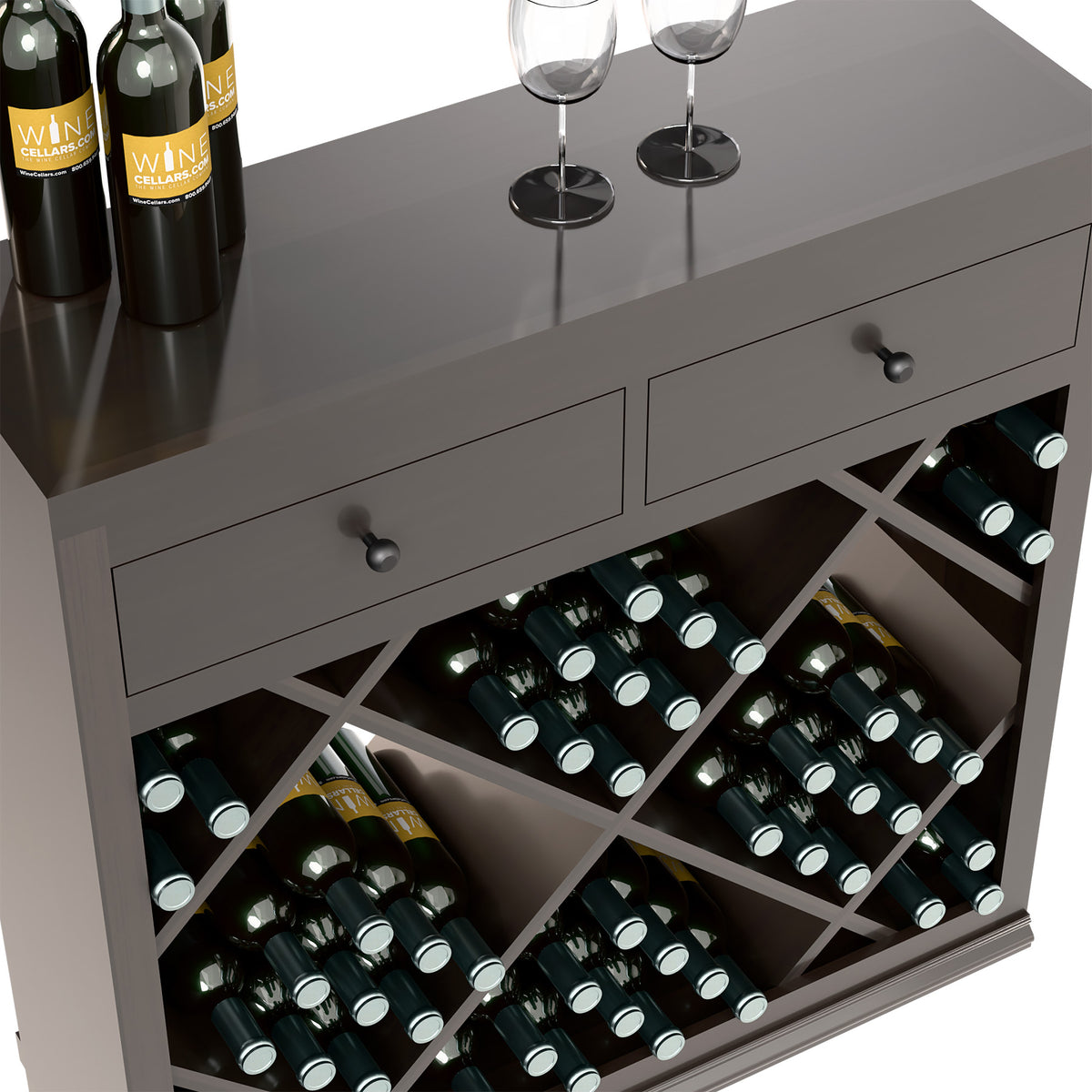 Half-height diamond wine cabinet drawer front with open bottle cubbies, dark wood