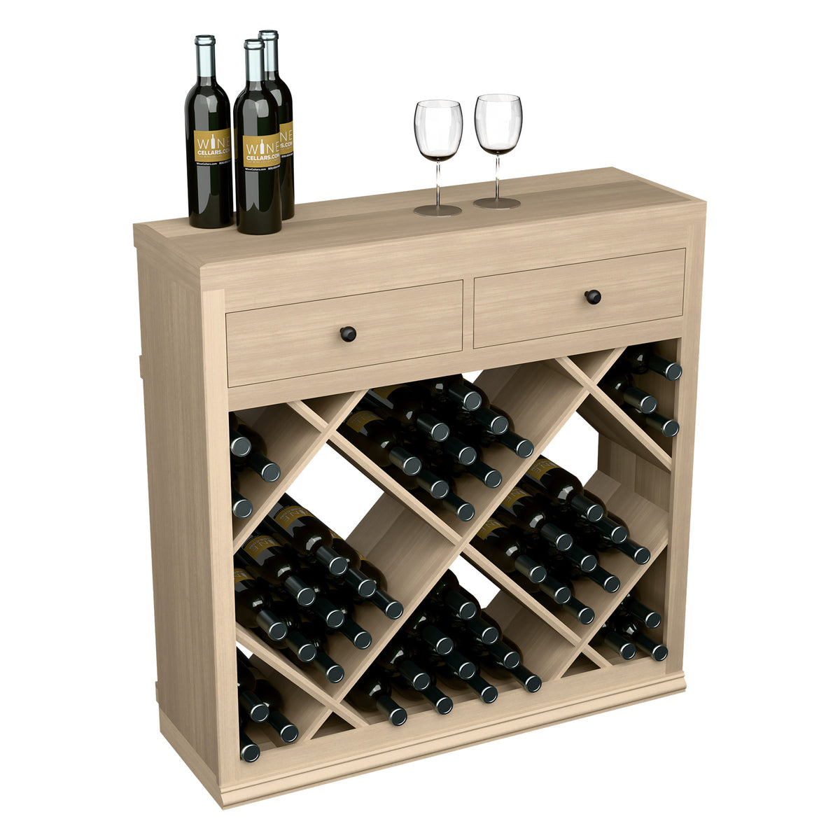 Half-height diamond wine cabinet with two drawers, open bottle racks, light wood finish