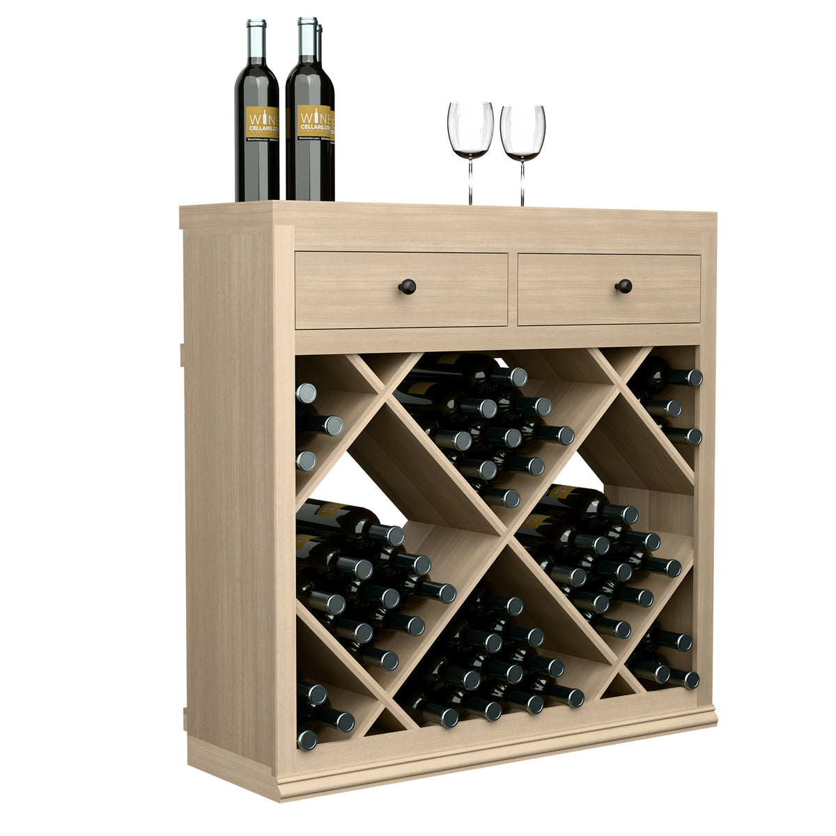Half-height wine cabinet with 2 drawers and diamond bottle rack, light wood finish.