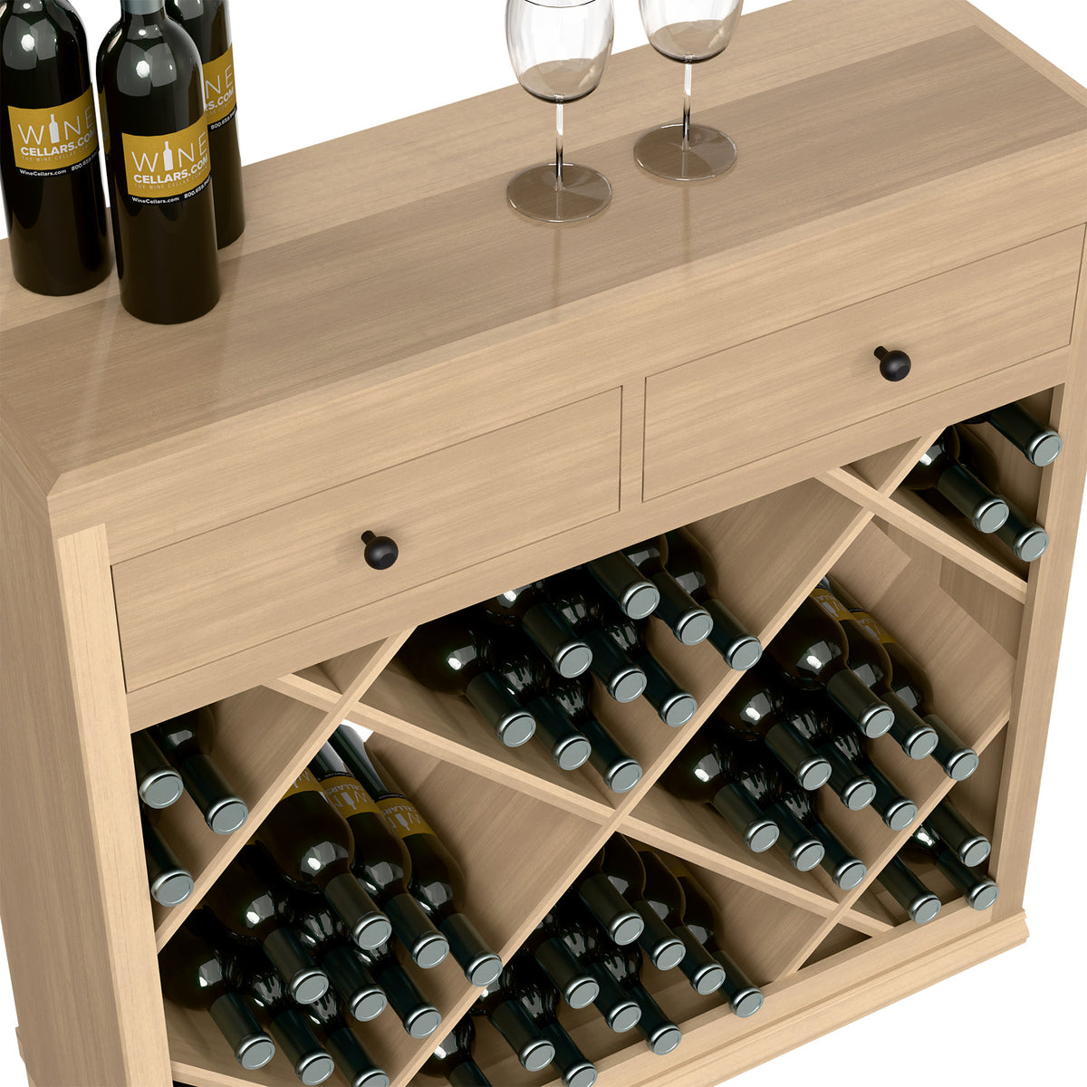 Half-height wood wine cabinet with drawer fronts and angled view of bottle rack compartments