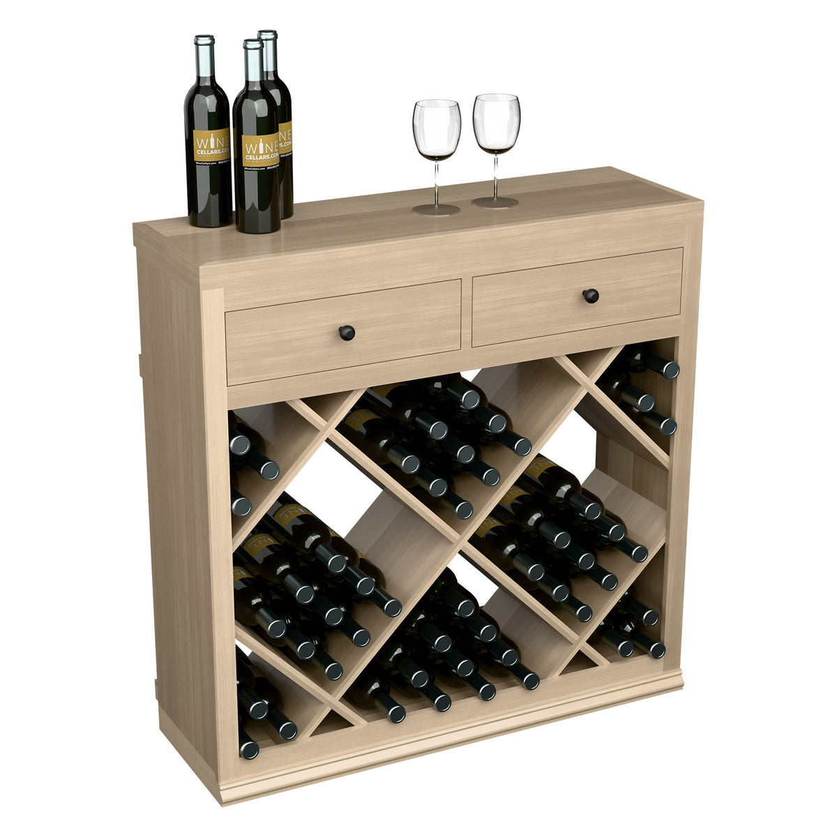 Half-height diamond wine cabinet with two drawers, open bottle storage, light wood finish