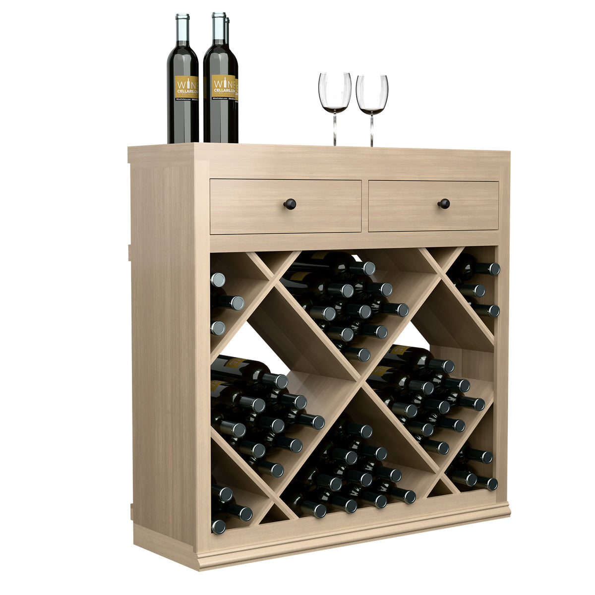 Half-height wine cabinet with 2 drawers and diamond bottle rack, light wood finish.