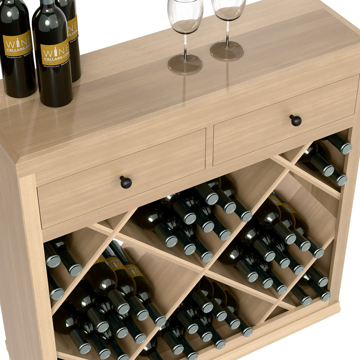 Light wood wine storage cabinet with drawers and diamond-pattern bottle holder