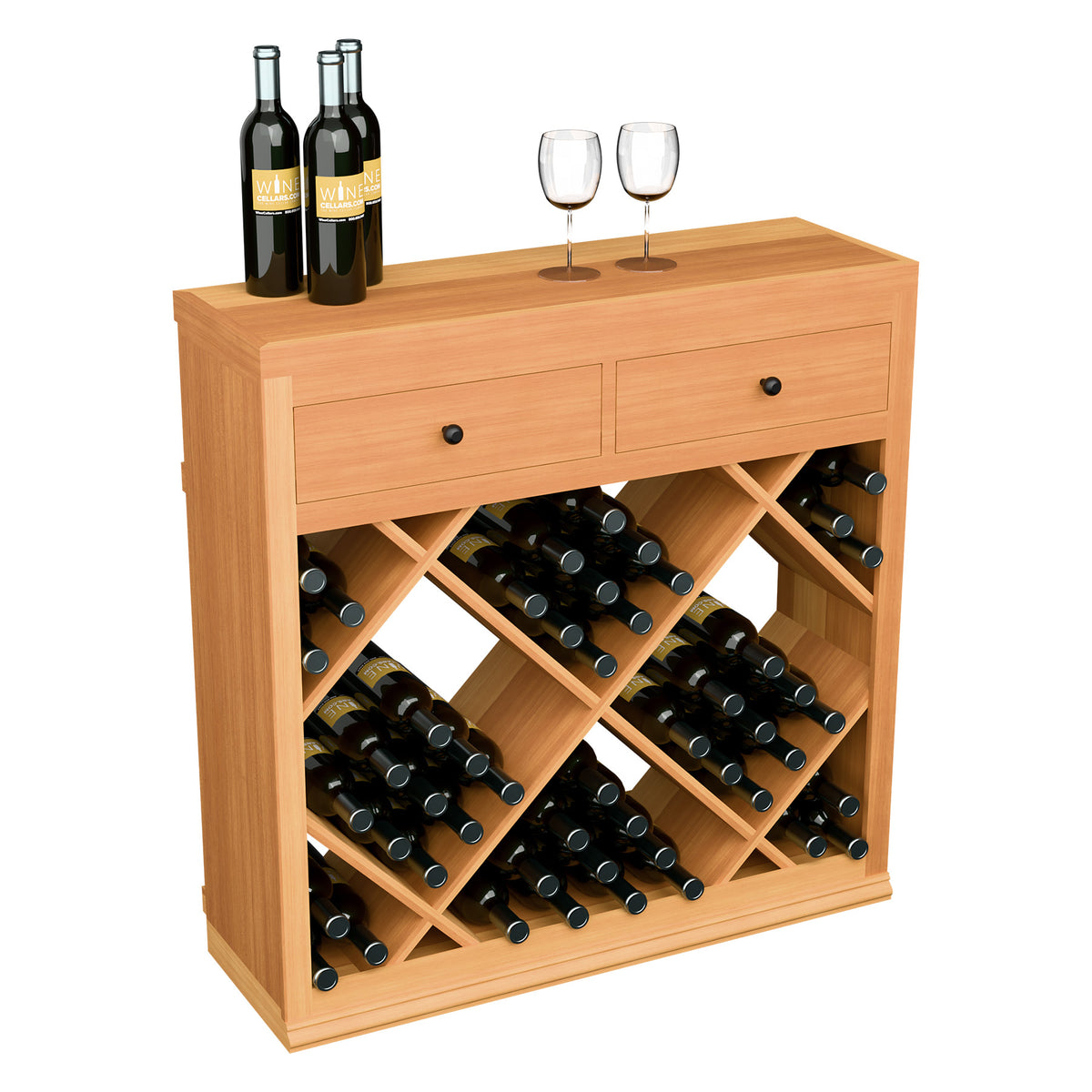 Light wood half-height wine cabinet with drawers and diamond cubby wine bottle storage