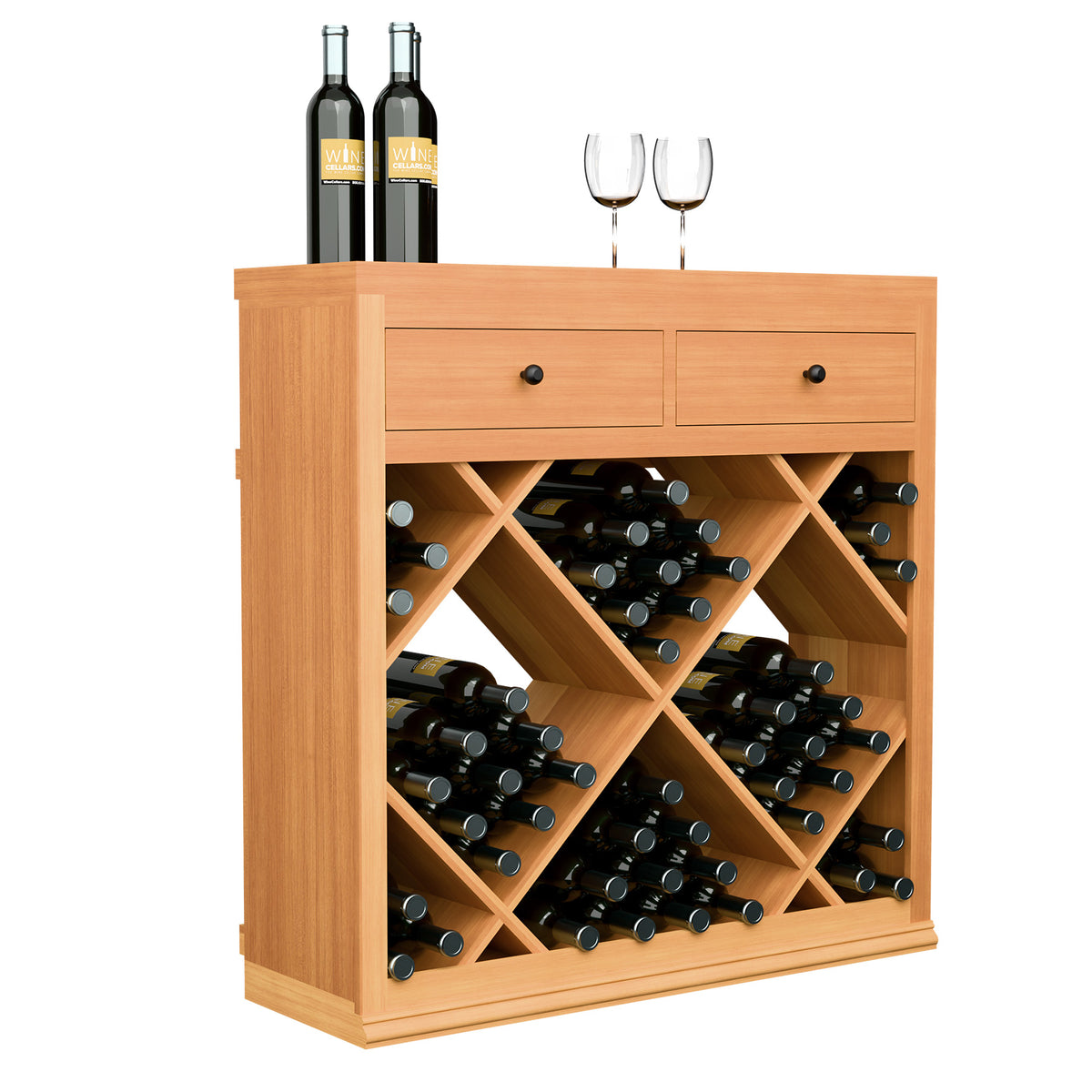 Light wood half-height wine cabinet with drawers, diamond cubby bottle storage