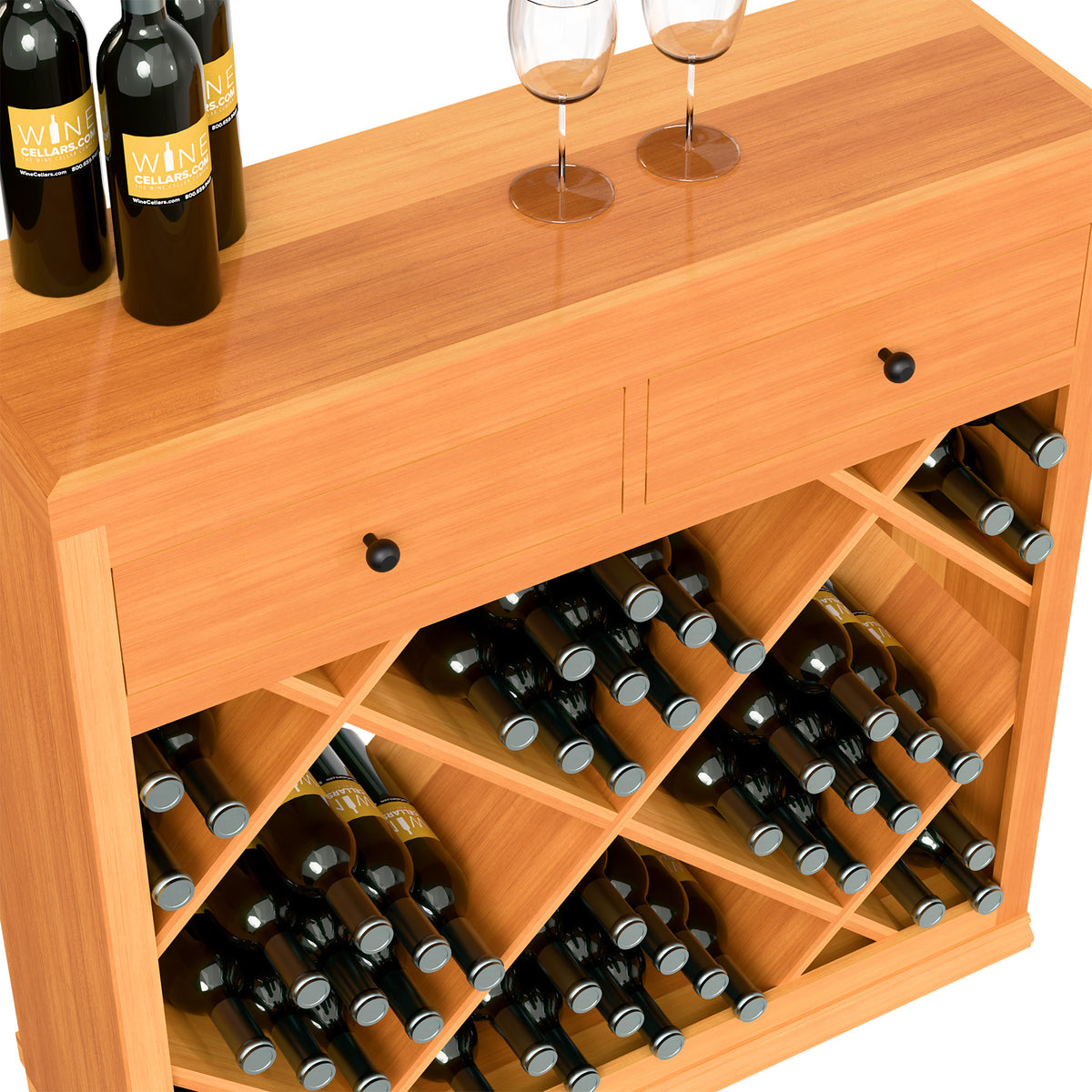 Half-height wood wine cabinet with drawers and open bottle cubbies with crisscross bottle slots