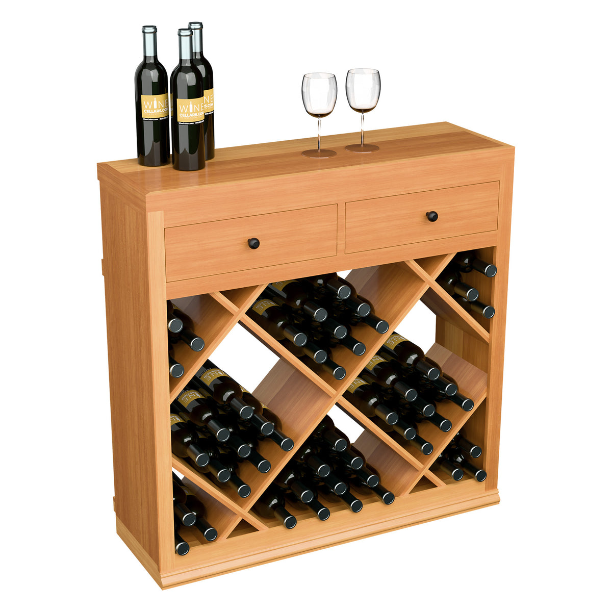 Light wood half-height wine cabinet with drawers, diamond cubby rack and bottle rows