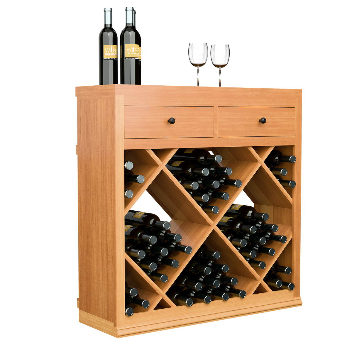 Light wood half-height wine cabinet with two drawers and diamond-pattern bottle slots
