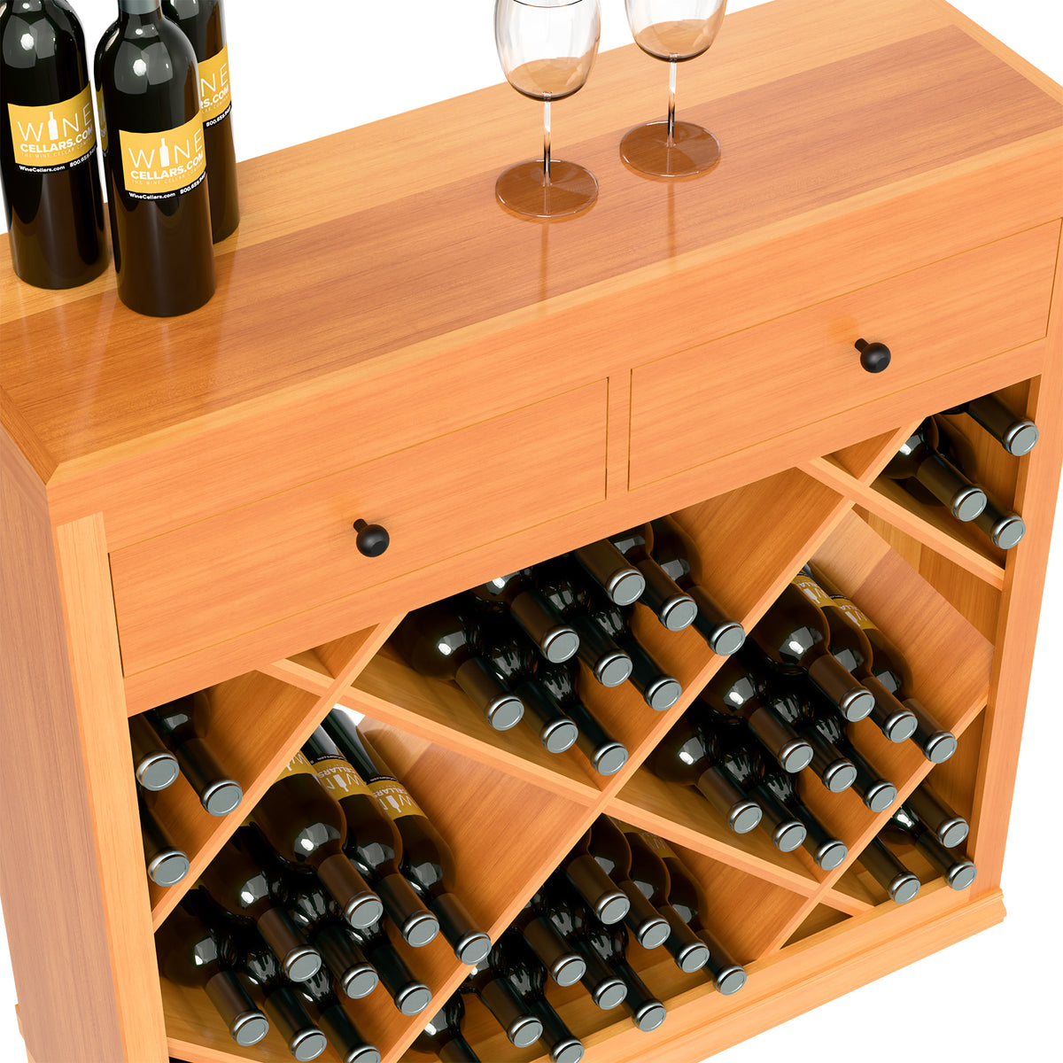 Half-height wood wine cabinet with open front bottle compartments and drawer with knob pull
