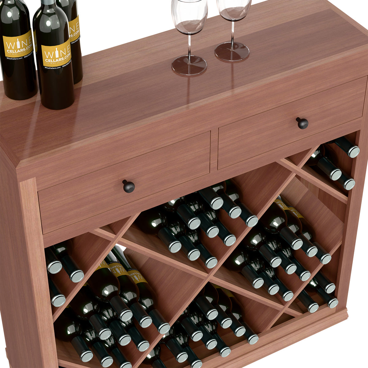 Half-height wood wine cabinet with drawers, open front, and multiple bottle rows in cubbies