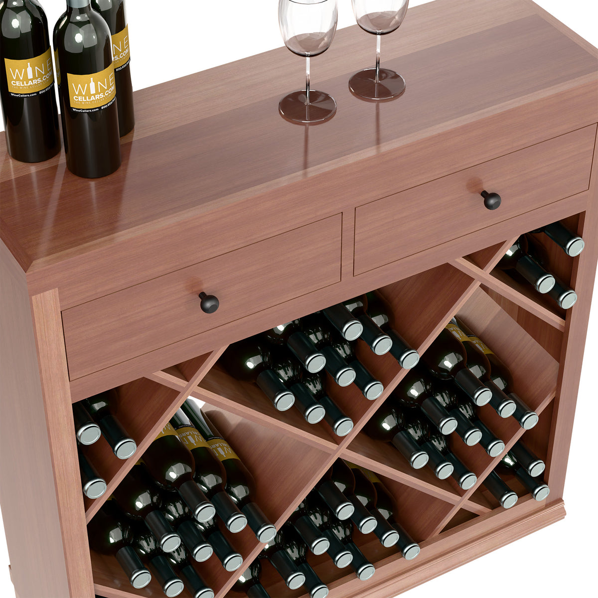 Half-height wine cabinet with drawers and open front showing bottle cubbies and crisscross supports