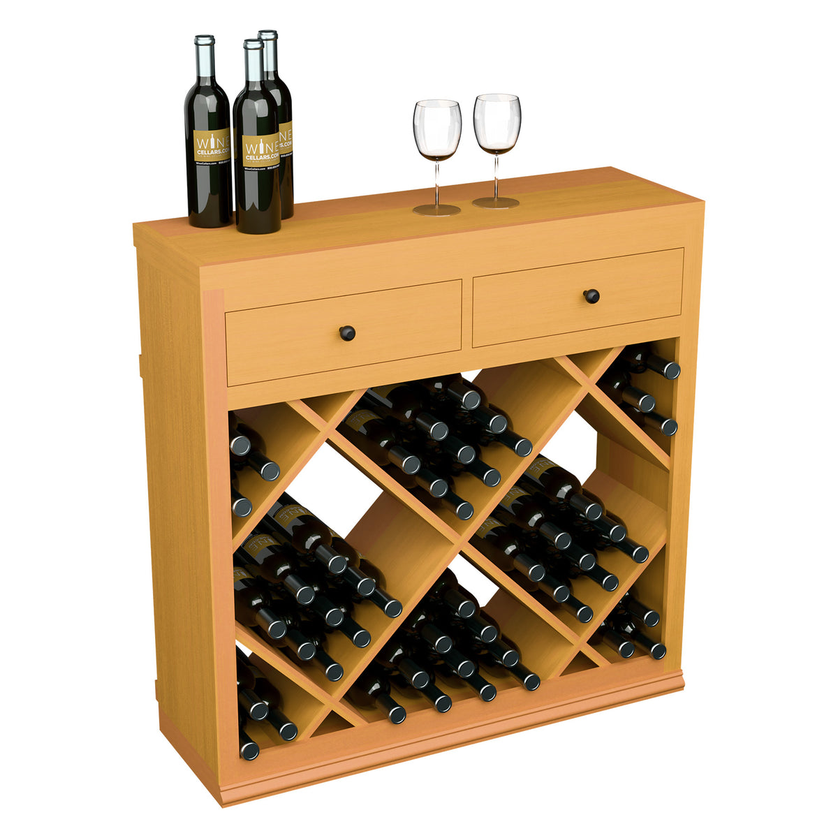 Light wood wine storage cabinet with two drawers and diamond-pattern bottle crisscross