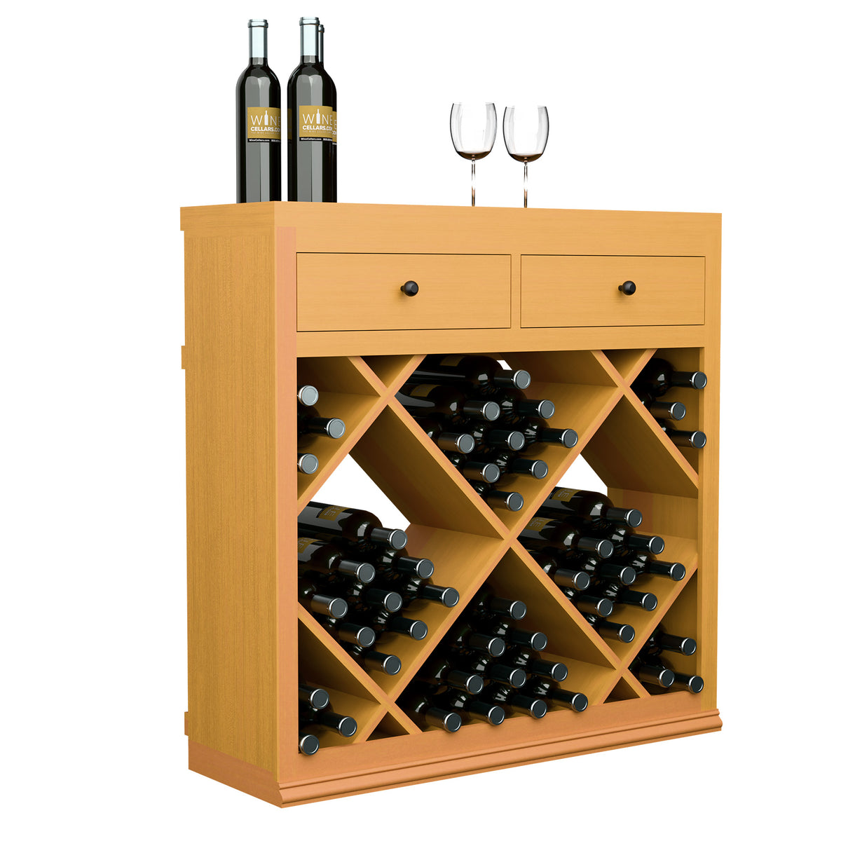 Wood half-height wine bin with two drawers and diamond-pattern bottle storage