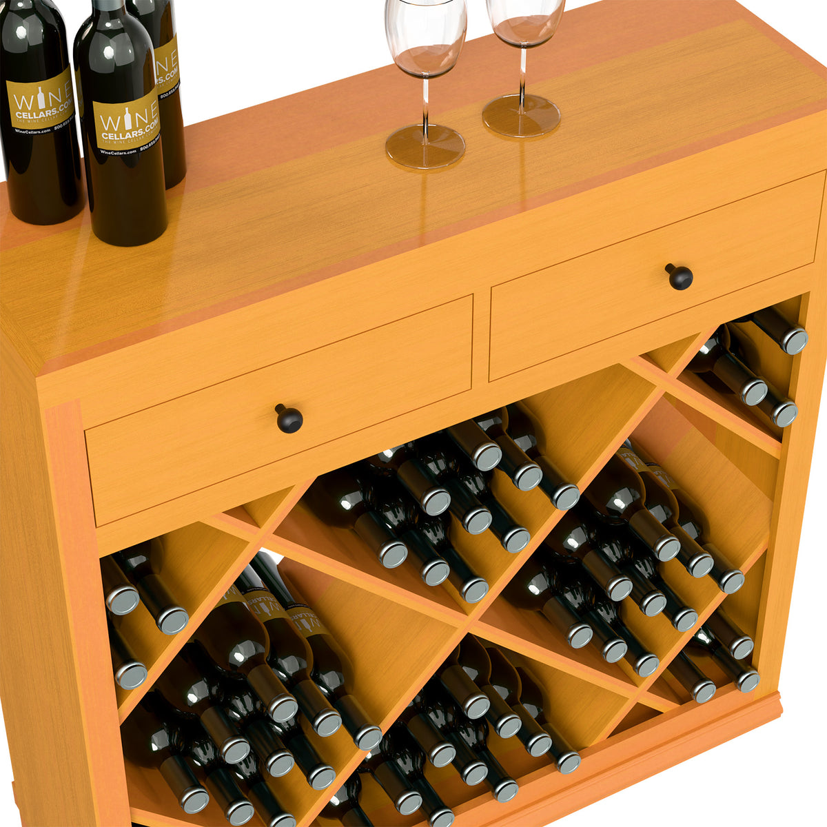 Half-height wood wine cabinet with drawer pulls and right side bottle rack with angled slots
