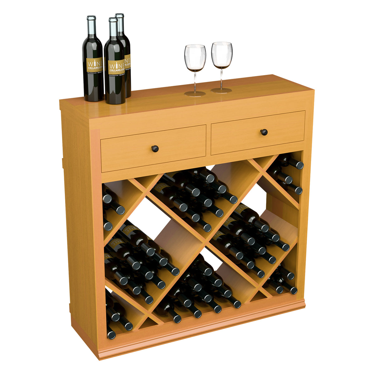 Honey-toned half-height wine cabinet with drawers and diamond cubby bottle storage
