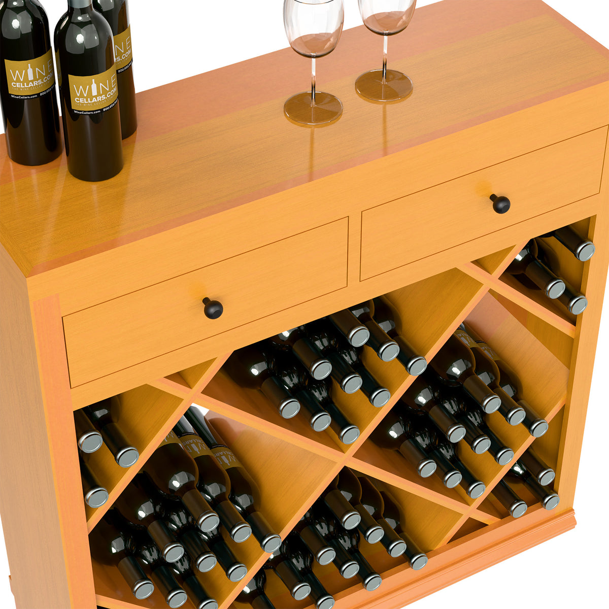 Half-height wood wine cabinet with drawer doors and open bottle rack with crisscross dividers