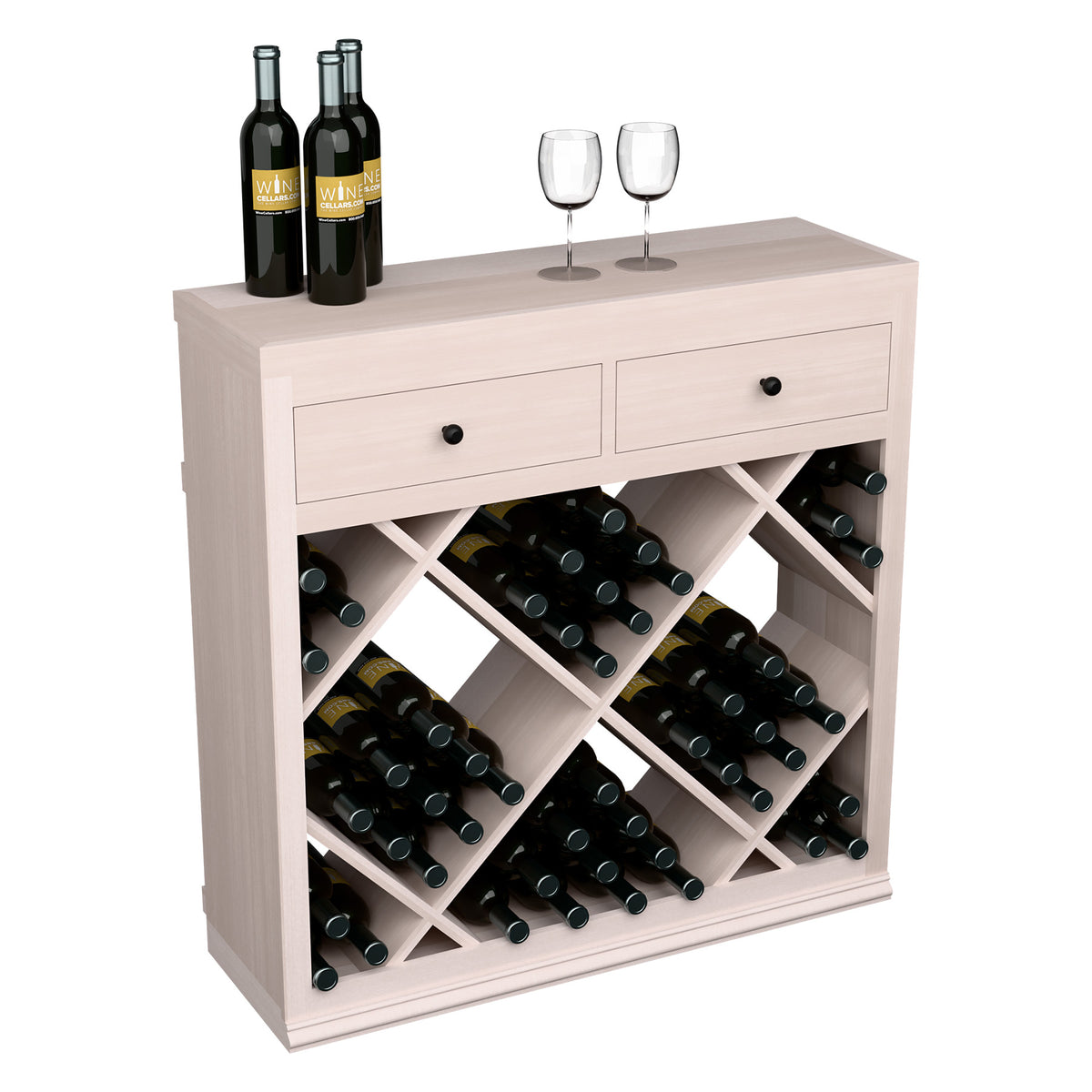 Half-height wine cabinet with 2 drawers and diamond-pattern bottle storage, light wood finish.