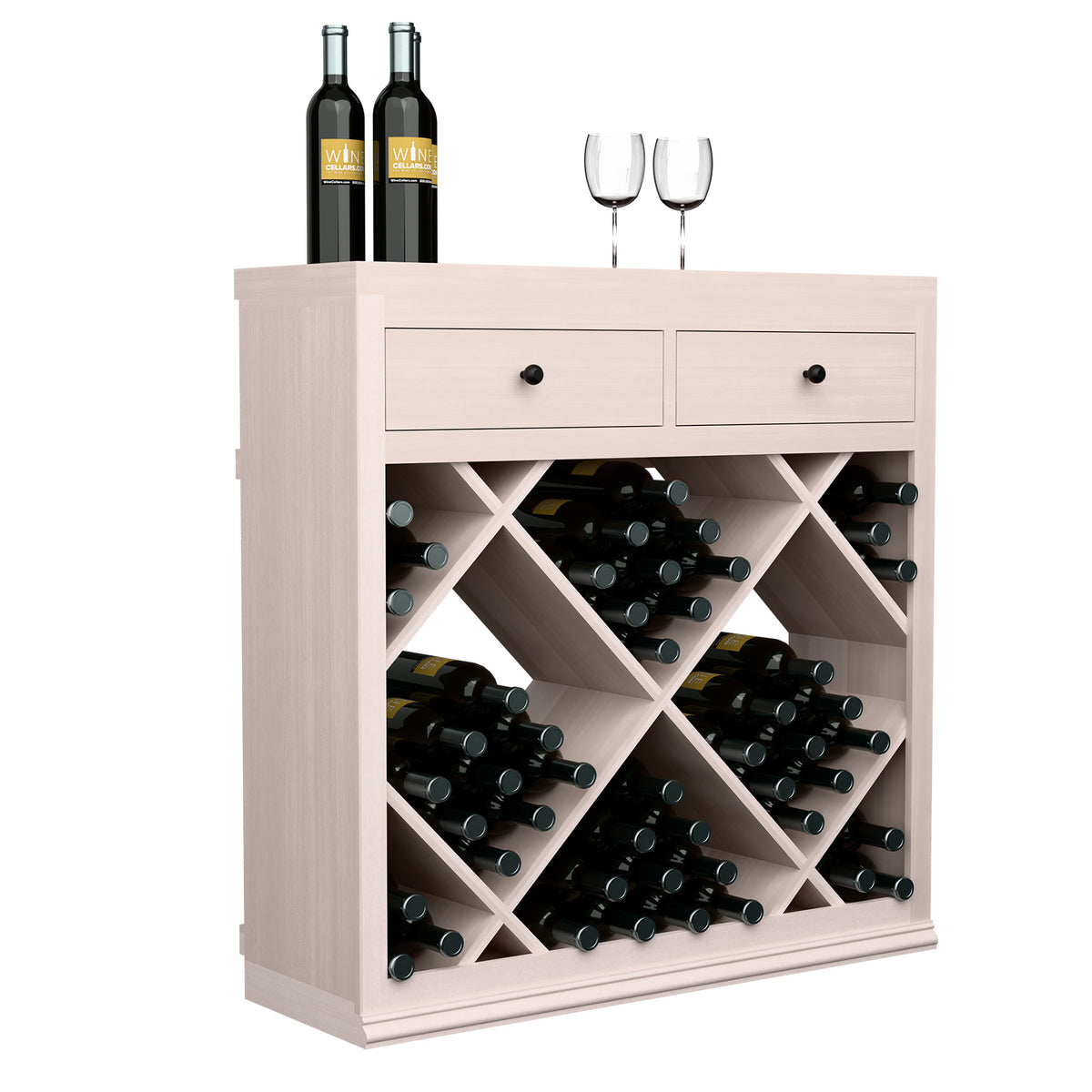 Half-height wine cabinet with 2 drawers and diamond-pattern bottle storage, light wood finish.