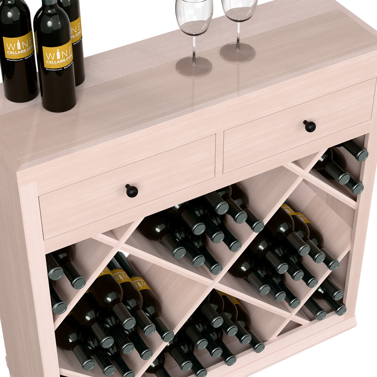 Light wood half-height wine cabinet showing drawers and open bottle racks