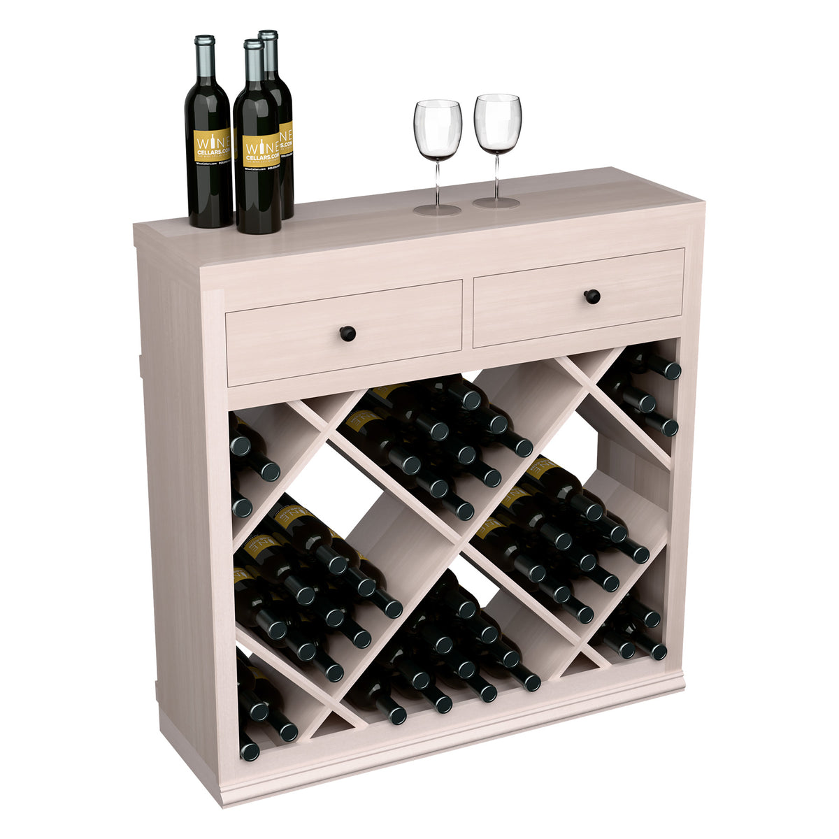 Half-height wine cabinet with 2 drawers and diamond bottle rack, light wood finish.