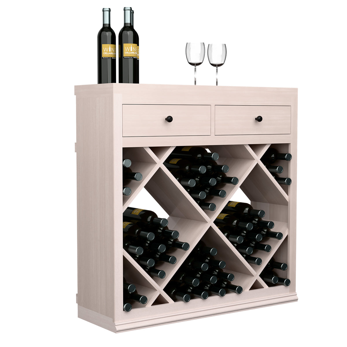 Half-height wine bar cabinet with two drawers and diamond crisscross wine racks, light wood.