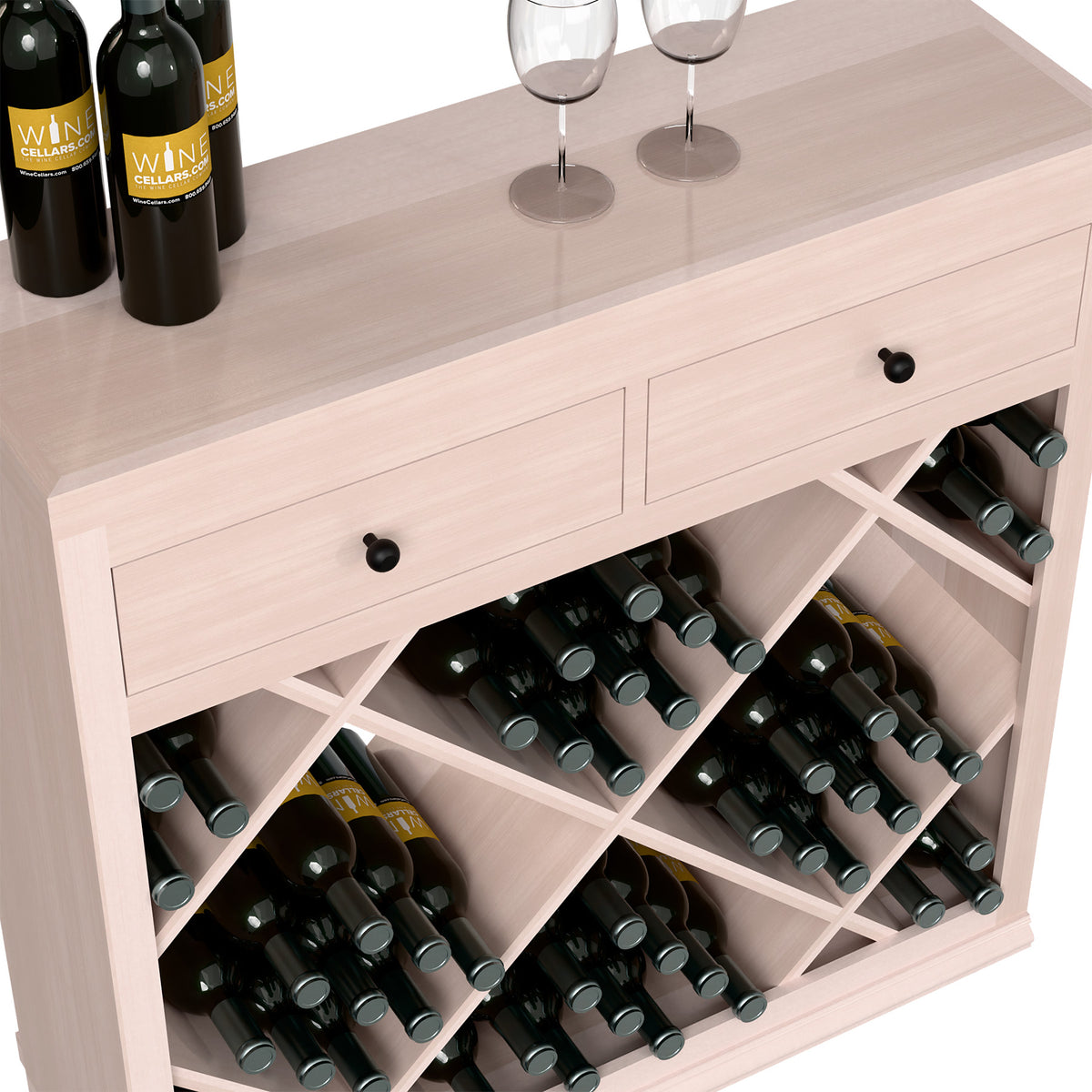 Half-height wine storage cabinet with drawers and crisscross bottle racks, filled