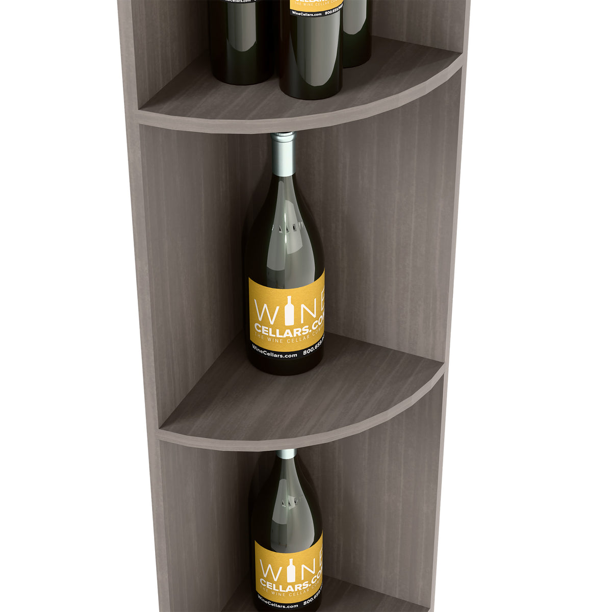 Gray quarter-round corner shelf detail with curved mid and lower bottle compartments